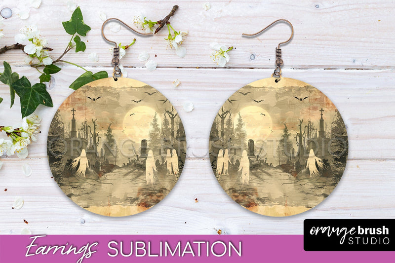Vintage Halloween Round Earrings Sublimation Spooky Earrings Sublimation OrangeBrushStudio 