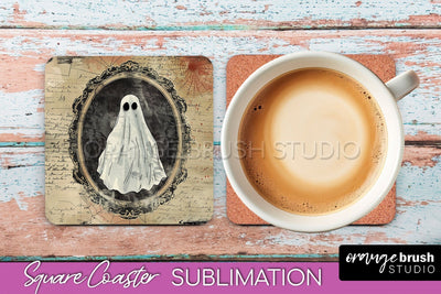 Vintage Halloween Square Coaster Sublimation - Spooky PNG Sublimation OrangeBrushStudio 