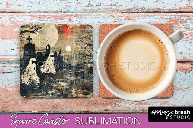 Vintage Halloween Square Coaster Sublimation - Spooky PNG Sublimation OrangeBrushStudio 