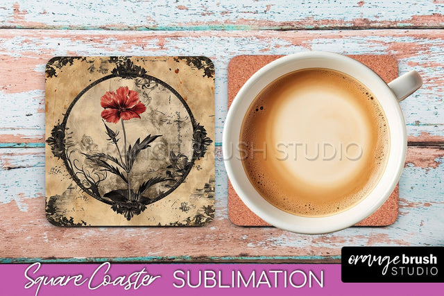 Vintage Halloween Square Coaster Sublimation - Spooky PNG Sublimation OrangeBrushStudio 