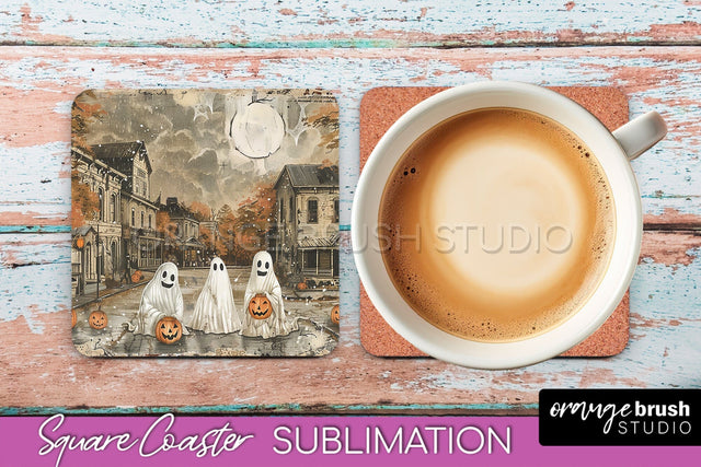 Vintage Halloween Square Coaster Sublimation - Spooky PNG Sublimation OrangeBrushStudio 