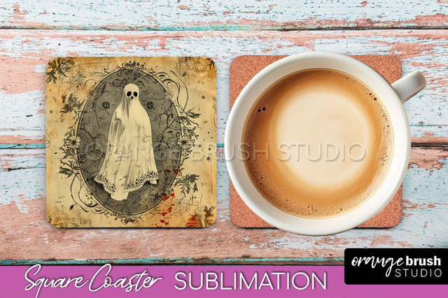 Vintage Halloween Square Coaster Sublimation - Spooky PNG Sublimation OrangeBrushStudio 