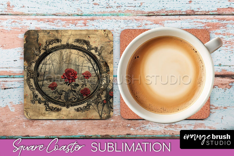 Vintage Halloween Square Coaster Sublimation - Spooky PNG Sublimation OrangeBrushStudio 