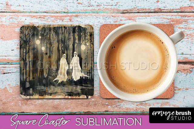 Vintage Halloween Square Coaster Sublimation - Spooky PNG Sublimation OrangeBrushStudio 