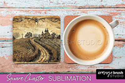 Vintage Halloween Square Coaster Sublimation - Spooky PNG Sublimation OrangeBrushStudio 