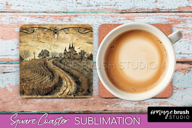 Vintage Halloween Square Coaster Sublimation - Spooky PNG Sublimation OrangeBrushStudio 