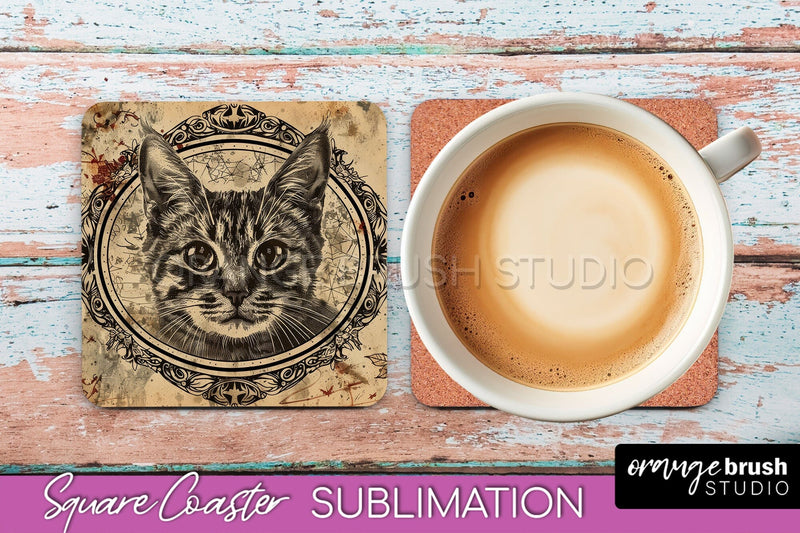Vintage Halloween Square Coaster Sublimation - Spooky PNG Sublimation OrangeBrushStudio 