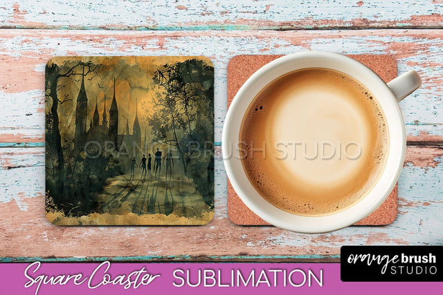 Vintage Halloween Square Coaster Sublimation - Spooky PNG Sublimation OrangeBrushStudio 