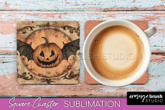 Vintage Halloween Square Coaster Sublimation - Spooky PNG Sublimation OrangeBrushStudio 