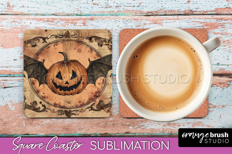 Vintage Halloween Square Coaster Sublimation - Spooky PNG Sublimation OrangeBrushStudio 