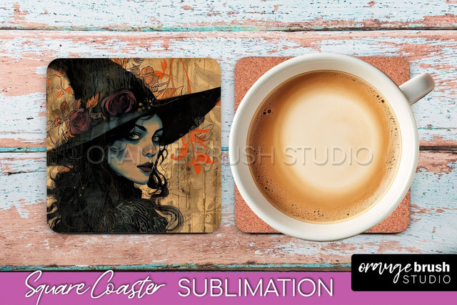 Vintage Halloween Square Coaster Sublimation - Spooky PNG Sublimation OrangeBrushStudio 