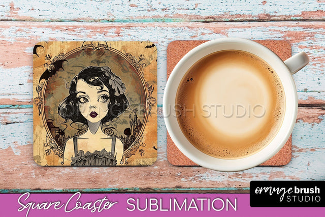 Vintage Halloween Square Coaster Sublimation - Spooky PNG Sublimation OrangeBrushStudio 
