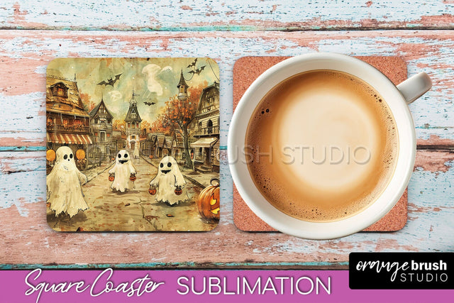Vintage Halloween Square Coaster Sublimation - Spooky PNG Sublimation OrangeBrushStudio 