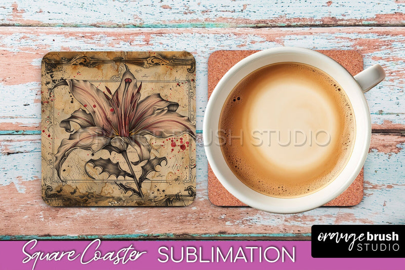 Vintage Halloween Square Coaster Sublimation - Spooky PNG Sublimation OrangeBrushStudio 