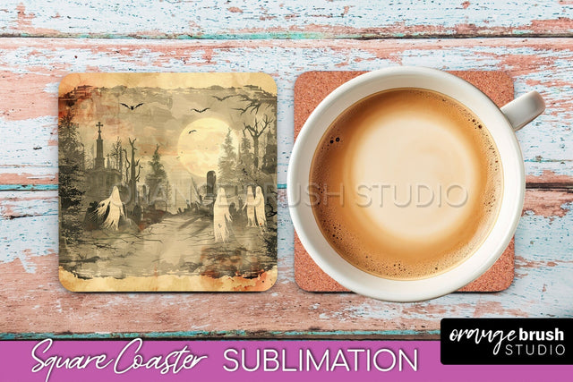 Vintage Halloween Square Coaster Sublimation - Spooky PNG Sublimation OrangeBrushStudio 