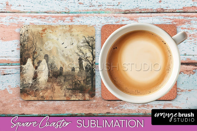 Vintage Halloween Square Coaster Sublimation - Spooky PNG Sublimation OrangeBrushStudio 