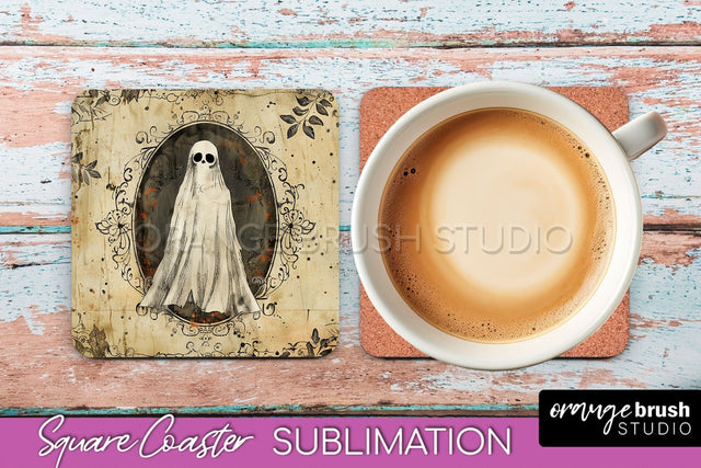 Vintage Halloween Square Coaster Sublimation - Spooky PNG Sublimation OrangeBrushStudio 