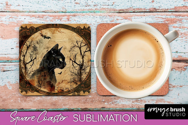 Vintage Halloween Square Coaster Sublimation - Spooky PNG Sublimation OrangeBrushStudio 