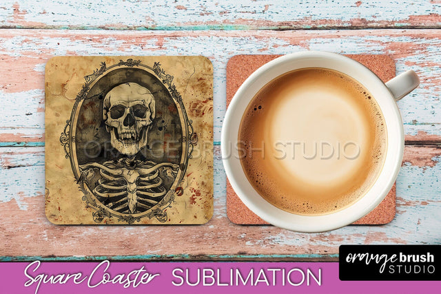 Vintage Halloween Square Coaster Sublimation - Spooky PNG Sublimation OrangeBrushStudio 