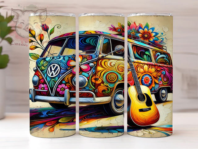 Vintage Hippie Boho Style Van Tumbler, Boho Style Tumbler, 20oz Sublimation Wrap, Vintage Van Design, Travel Mug, Retro Camper Gift, Personalized Tumbler Sublimation Lara' s Designs 