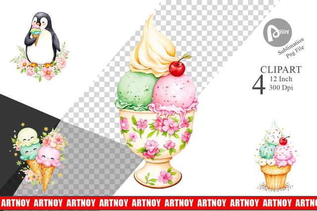 Vintage Ice Cream Summer Clipart Sublimation artnoy 