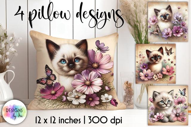Vintage illustration of adorable kitten and flowers Sublimation Designs by Ira 