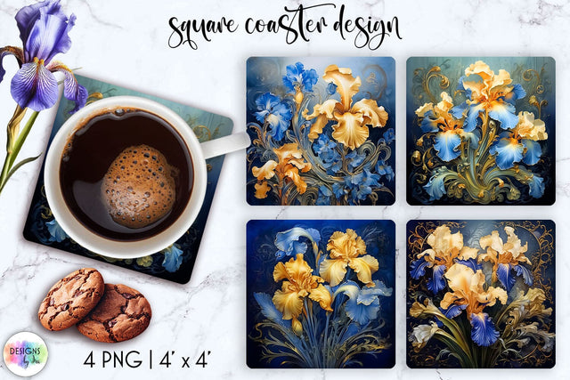 Vintage Iris Flowers Square Coaster Designs, Coaster Sublimation Sublimation Designs by Ira 