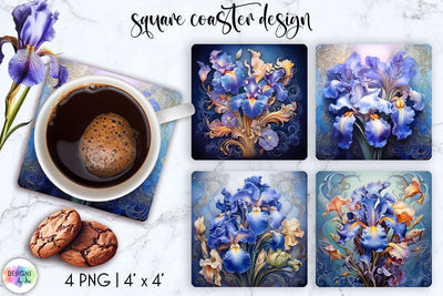 Vintage Iris Flowers Square Coasters Sublimation Set Sublimation Designs by Ira 