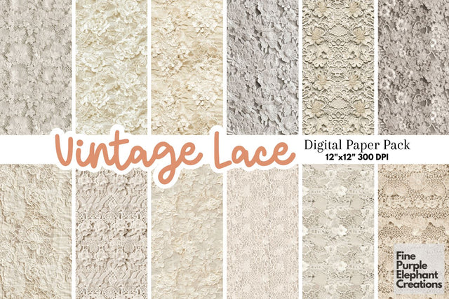 Vintage Lace Digital Paper | Shabby Chic Wedding Digital Pattern Fine Purple Elephant Creations 