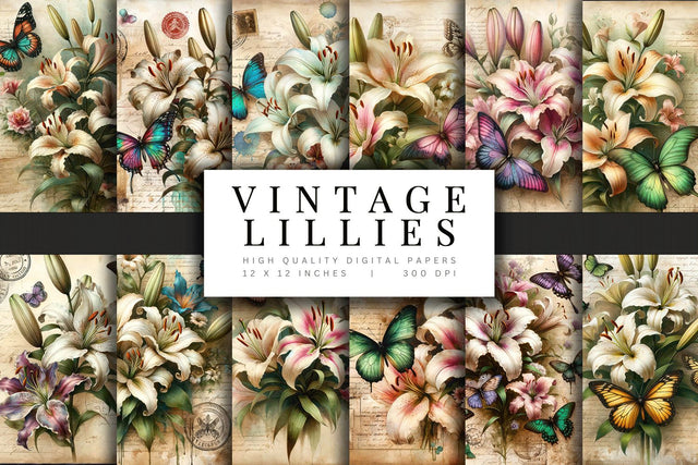 Vintage Lilies and Butterflies Digital Paper Pack Digital Pattern BijouBay 