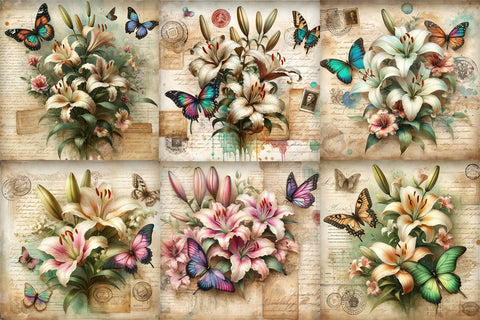 Vintage Lilies and Butterflies Digital Paper Pack Digital Pattern BijouBay 