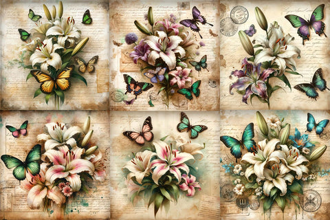 Vintage Lilies and Butterflies Digital Paper Pack Digital Pattern BijouBay 