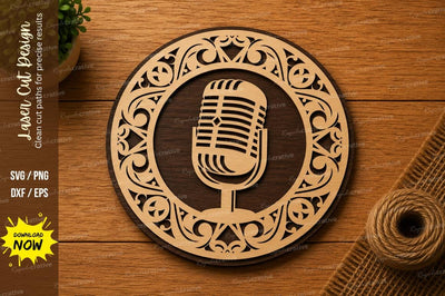 Vintage Microphone Mandala SVG | Podcast Music Laser Cut File | Glowforge CNC DXF PNG EPS SVG Regulrcrative 