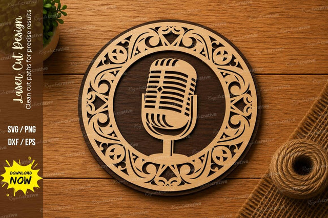 Vintage Microphone Mandala SVG | Podcast Music Laser Cut File | Glowforge CNC DXF PNG EPS SVG Regulrcrative 