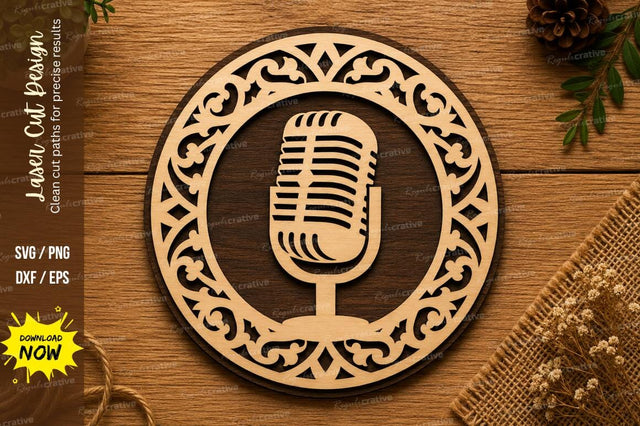 Vintage Microphone Mandala SVG | Podcast Music Laser Cut File | Glowforge CNC DXF PNG EPS SVG Regulrcrative 