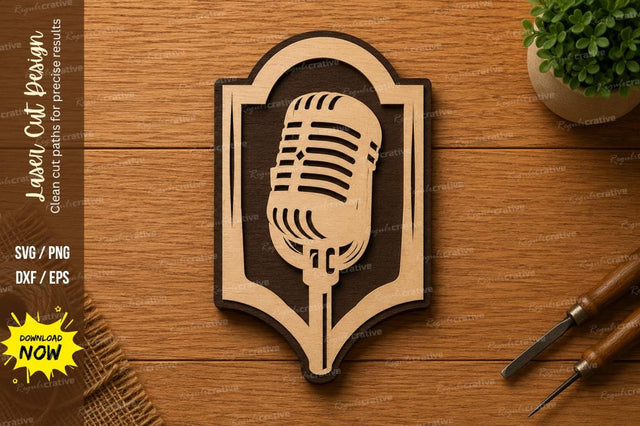 Vintage Microphone Shield SVG | Podcast Music Laser Cut File | Glowforge CNC DXF PNG EPS SVG Regulrcrative 