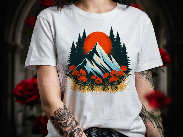 Vintage Mountain Sunset T-Shirt PNG, Vintage Sunset, Mountain Scene, Retro Style, Outdoor Vibes, Sublimation PNG, Statement Shirt, Nature Fashion Sublimation SvggirlplusArt 