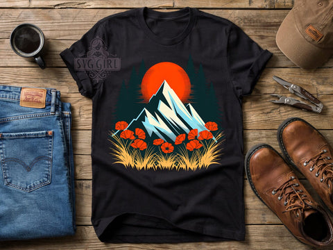 Vintage Mountain Sunset T-Shirt PNG, Vintage Sunset, Mountain Scene, Retro Style, Outdoor Vibes, Sublimation PNG, Statement Shirt, Nature Fashion Sublimation SvggirlplusArt 