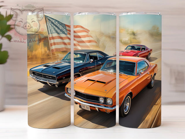 Vintage Muscle Car USA Tumbler, Patriotic Auto Cup, American Muscle Design, Car Lover Present, USA Car Tumbler, Hot Rod Gift, Vintage Auto Cup Sublimation Lara' s Designs 