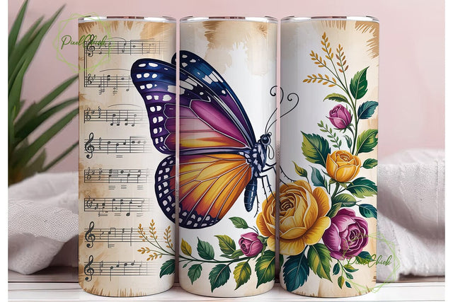 Vintage Music Butterfly 20oz Tumbler Sublimation PixelChick 