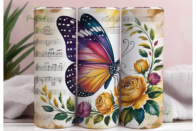 Vintage Music Butterfly 20oz Tumbler Sublimation PixelChick 