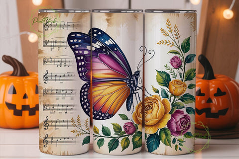 Vintage Music Butterfly 20oz Tumbler Sublimation PixelChick 