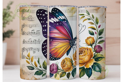 Vintage Music Butterfly 20oz Tumbler Sublimation PixelChick 