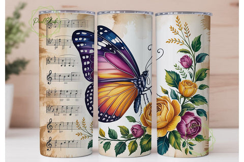 Vintage Music Butterfly 20oz Tumbler Sublimation PixelChick 