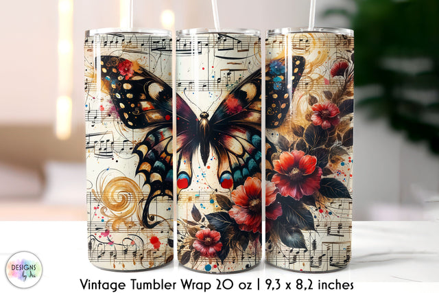 Vintage Music Sheet with Butterfly and Flowers Tumbler Design Sublimation Designs by Ira 