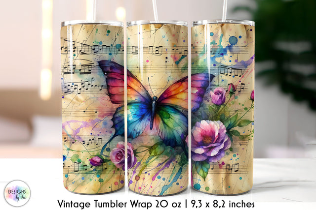Vintage Music Sheet with Butterfly and Flowers Tumbler Design Sublimation Designs by Ira 