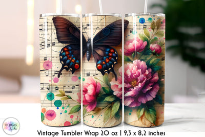 Vintage Music Sheet with Butterfly and Flowers Tumbler Design Sublimation Designs by Ira 