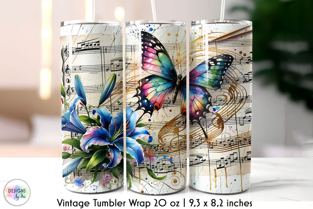 Vintage Music Sheet with Butterfly and Flowers Tumbler Design Sublimation Designs by Ira 