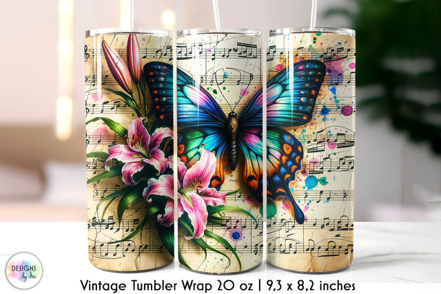 Vintage Music Sheet with Butterfly and Flowers Tumbler Design Sublimation Designs by Ira 