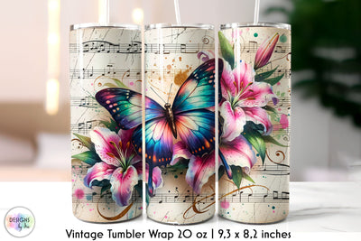 Vintage Music Sheet with Butterfly and Flowers Tumbler Design Sublimation Designs by Ira 